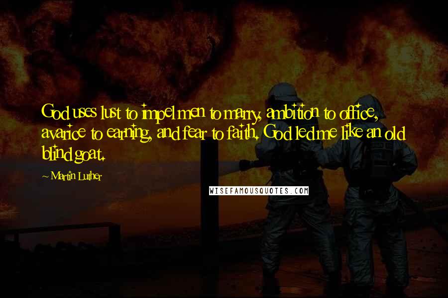 Martin Luther Quotes: God uses lust to impel men to marry, ambition to office, avarice to earning, and fear to faith. God led me like an old blind goat.