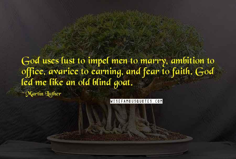 Martin Luther Quotes: God uses lust to impel men to marry, ambition to office, avarice to earning, and fear to faith. God led me like an old blind goat.