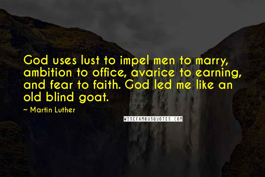 Martin Luther Quotes: God uses lust to impel men to marry, ambition to office, avarice to earning, and fear to faith. God led me like an old blind goat.
