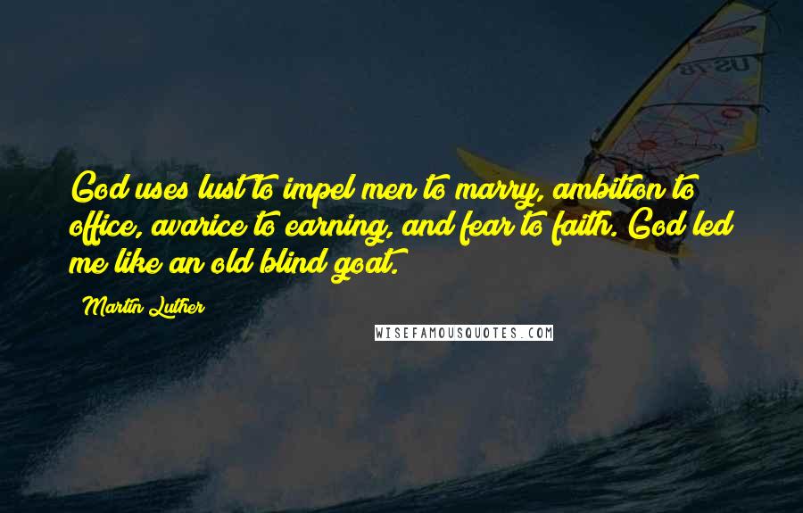 Martin Luther Quotes: God uses lust to impel men to marry, ambition to office, avarice to earning, and fear to faith. God led me like an old blind goat.