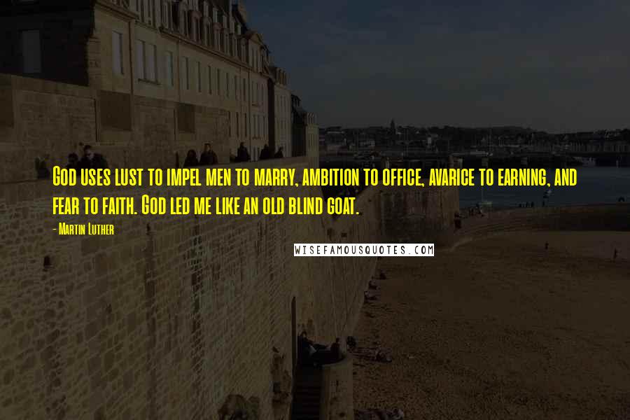 Martin Luther Quotes: God uses lust to impel men to marry, ambition to office, avarice to earning, and fear to faith. God led me like an old blind goat.