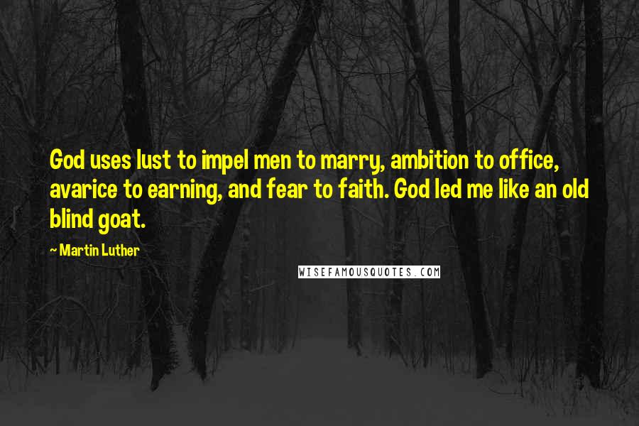 Martin Luther Quotes: God uses lust to impel men to marry, ambition to office, avarice to earning, and fear to faith. God led me like an old blind goat.