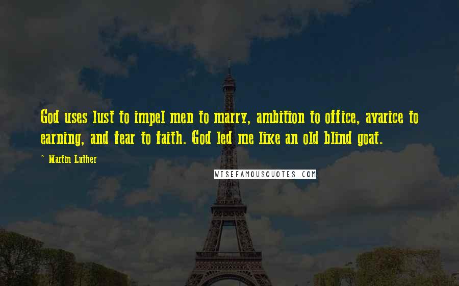 Martin Luther Quotes: God uses lust to impel men to marry, ambition to office, avarice to earning, and fear to faith. God led me like an old blind goat.