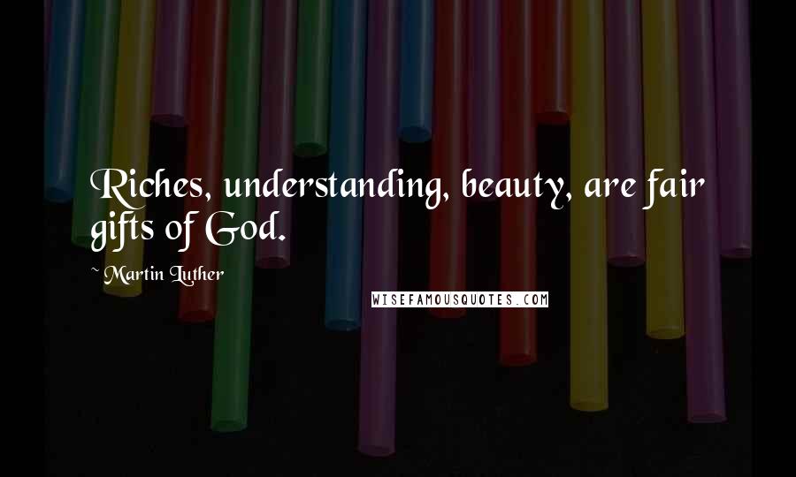 Martin Luther Quotes: Riches, understanding, beauty, are fair gifts of God.