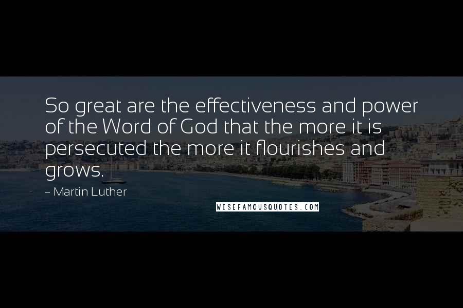 Martin Luther Quotes: So great are the effectiveness and power of the Word of God that the more it is persecuted the more it flourishes and grows.