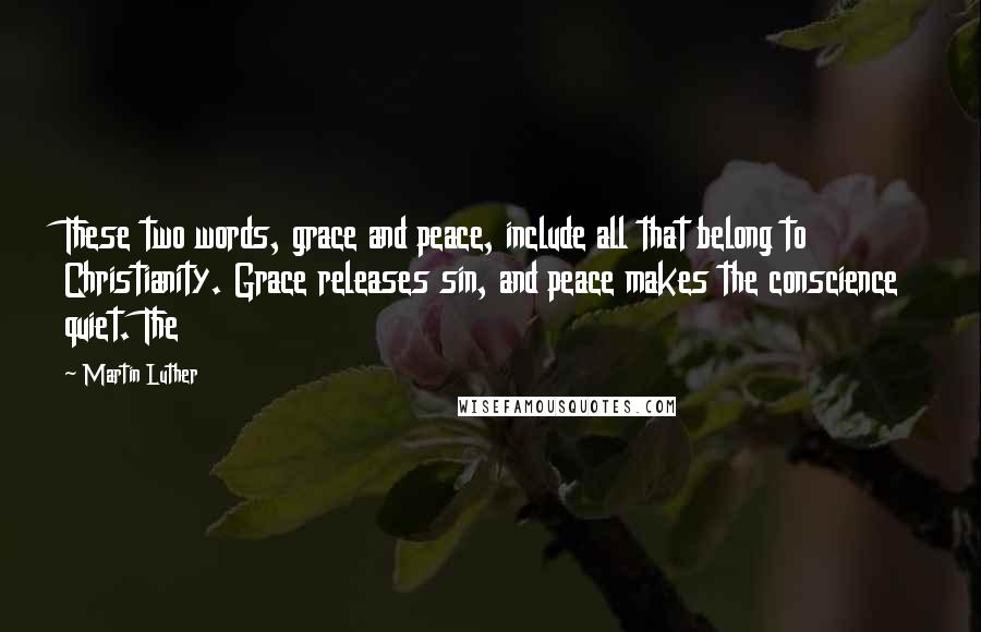 Martin Luther Quotes: These two words, grace and peace, include all that belong to Christianity. Grace releases sin, and peace makes the conscience quiet. The