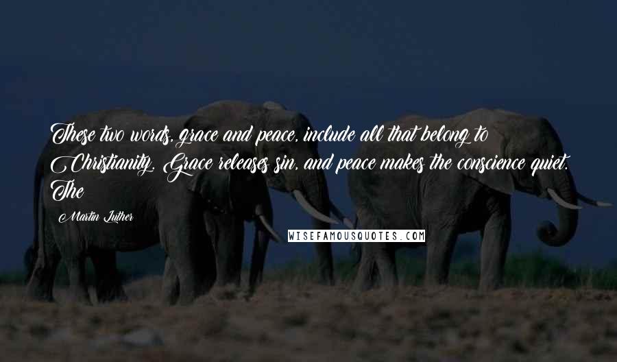 Martin Luther Quotes: These two words, grace and peace, include all that belong to Christianity. Grace releases sin, and peace makes the conscience quiet. The