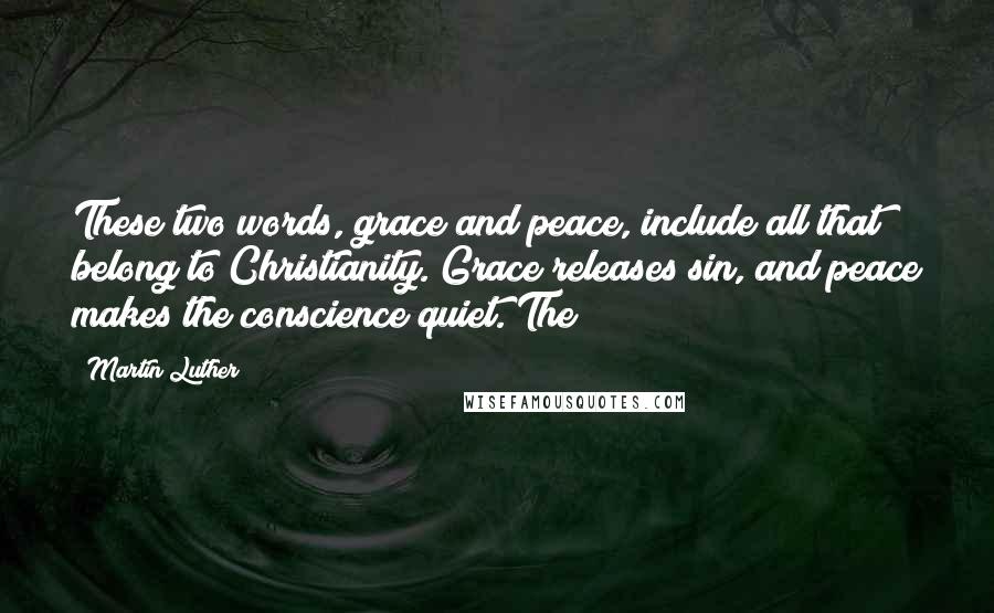 Martin Luther Quotes: These two words, grace and peace, include all that belong to Christianity. Grace releases sin, and peace makes the conscience quiet. The