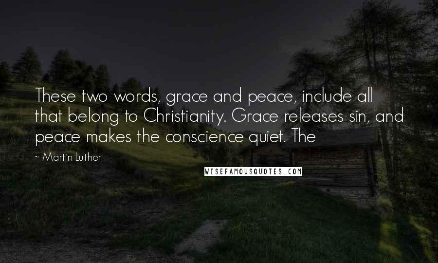 Martin Luther Quotes: These two words, grace and peace, include all that belong to Christianity. Grace releases sin, and peace makes the conscience quiet. The