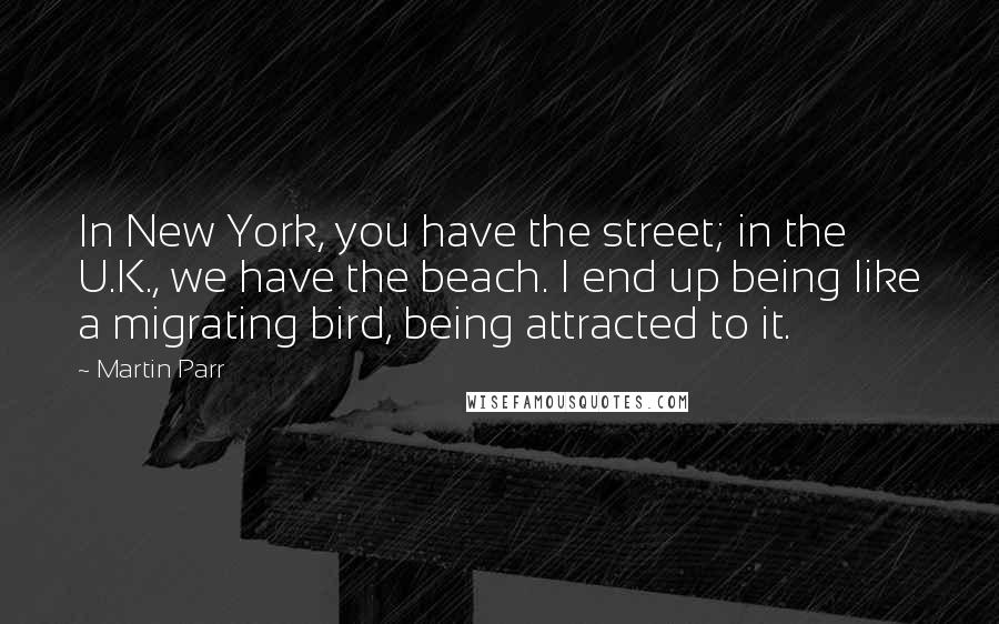 Martin Parr Quotes: In New York, you have the street; in the U.K., we have the beach. I end up being like a migrating bird, being attracted to it.