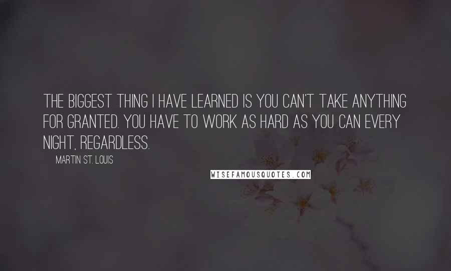 Martin St. Louis Quotes: The biggest thing I have learned is you can't take anything for granted. You have to work as hard as you can every night, regardless.