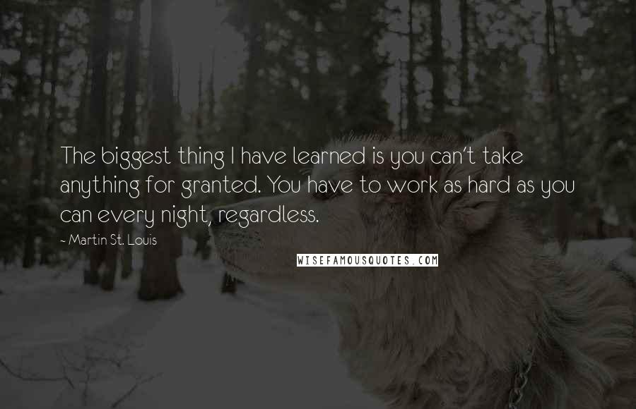 Martin St. Louis Quotes: The biggest thing I have learned is you can't take anything for granted. You have to work as hard as you can every night, regardless.