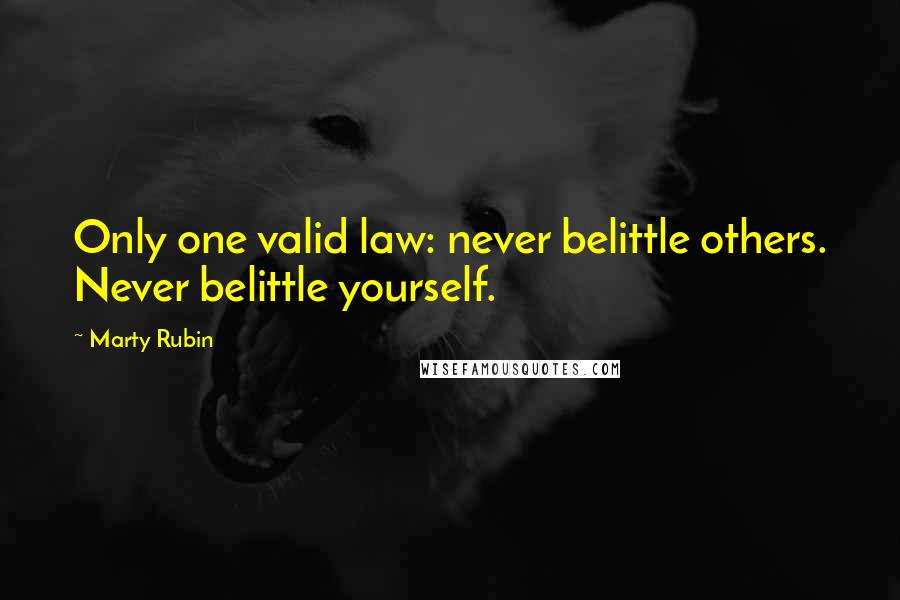 Marty Rubin Quotes: Only one valid law: never belittle others. Never belittle yourself.