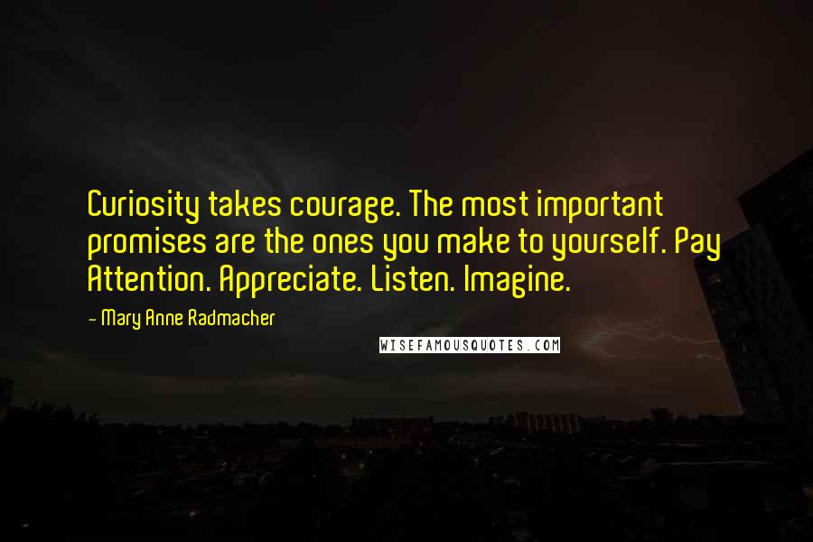 Mary Anne Radmacher Quotes: Curiosity takes courage. The most important promises are the ones you make to yourself. Pay Attention. Appreciate. Listen. Imagine.