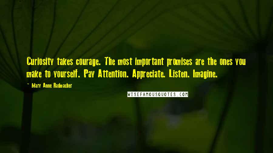 Mary Anne Radmacher Quotes: Curiosity takes courage. The most important promises are the ones you make to yourself. Pay Attention. Appreciate. Listen. Imagine.