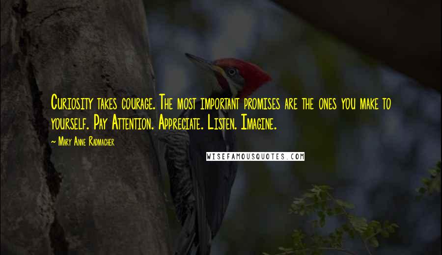 Mary Anne Radmacher Quotes: Curiosity takes courage. The most important promises are the ones you make to yourself. Pay Attention. Appreciate. Listen. Imagine.