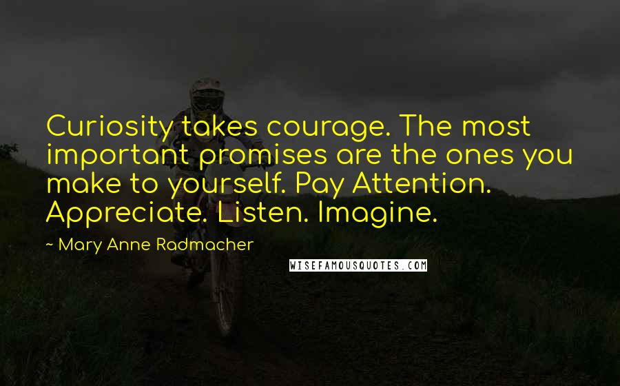 Mary Anne Radmacher Quotes: Curiosity takes courage. The most important promises are the ones you make to yourself. Pay Attention. Appreciate. Listen. Imagine.