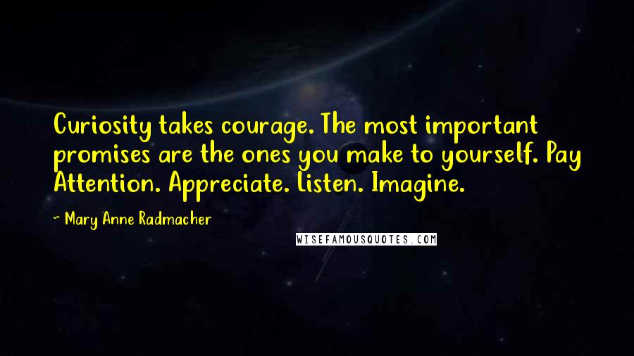 Mary Anne Radmacher Quotes: Curiosity takes courage. The most important promises are the ones you make to yourself. Pay Attention. Appreciate. Listen. Imagine.