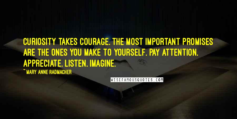 Mary Anne Radmacher Quotes: Curiosity takes courage. The most important promises are the ones you make to yourself. Pay Attention. Appreciate. Listen. Imagine.