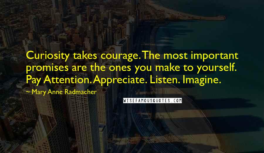 Mary Anne Radmacher Quotes: Curiosity takes courage. The most important promises are the ones you make to yourself. Pay Attention. Appreciate. Listen. Imagine.