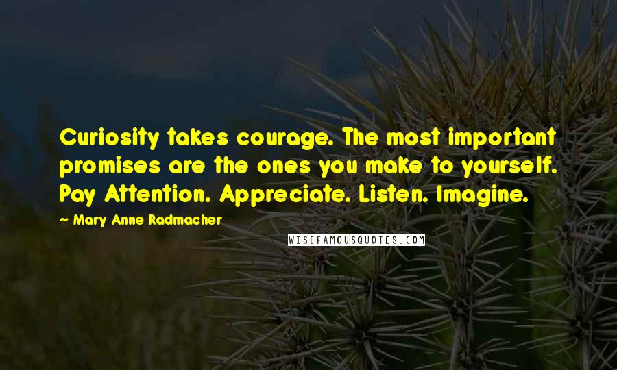 Mary Anne Radmacher Quotes: Curiosity takes courage. The most important promises are the ones you make to yourself. Pay Attention. Appreciate. Listen. Imagine.