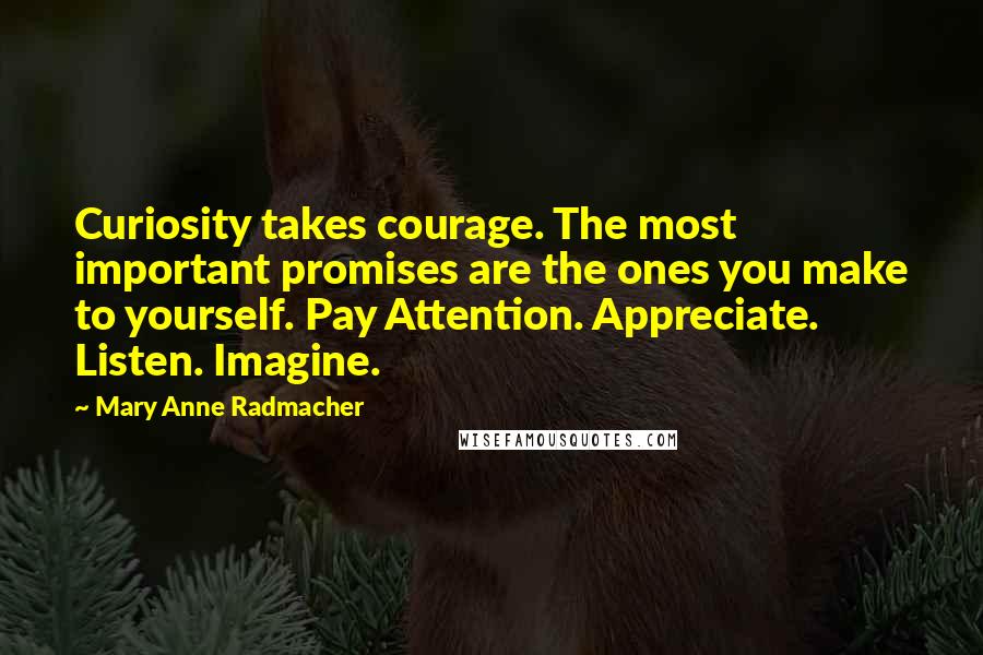 Mary Anne Radmacher Quotes: Curiosity takes courage. The most important promises are the ones you make to yourself. Pay Attention. Appreciate. Listen. Imagine.