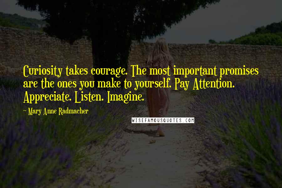 Mary Anne Radmacher Quotes: Curiosity takes courage. The most important promises are the ones you make to yourself. Pay Attention. Appreciate. Listen. Imagine.