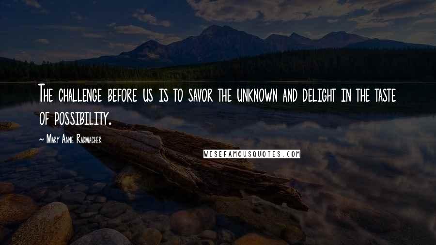 Mary Anne Radmacher Quotes: The challenge before us is to savor the unknown and delight in the taste of possibility.