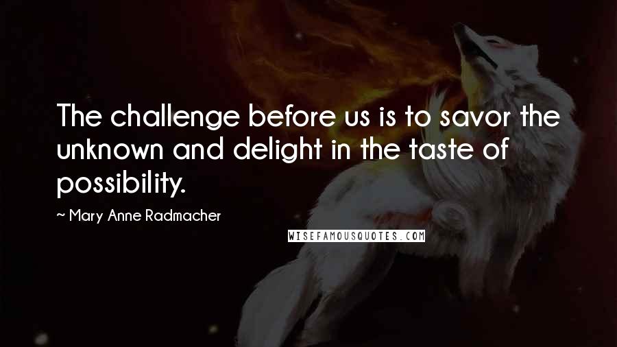 Mary Anne Radmacher Quotes: The challenge before us is to savor the unknown and delight in the taste of possibility.