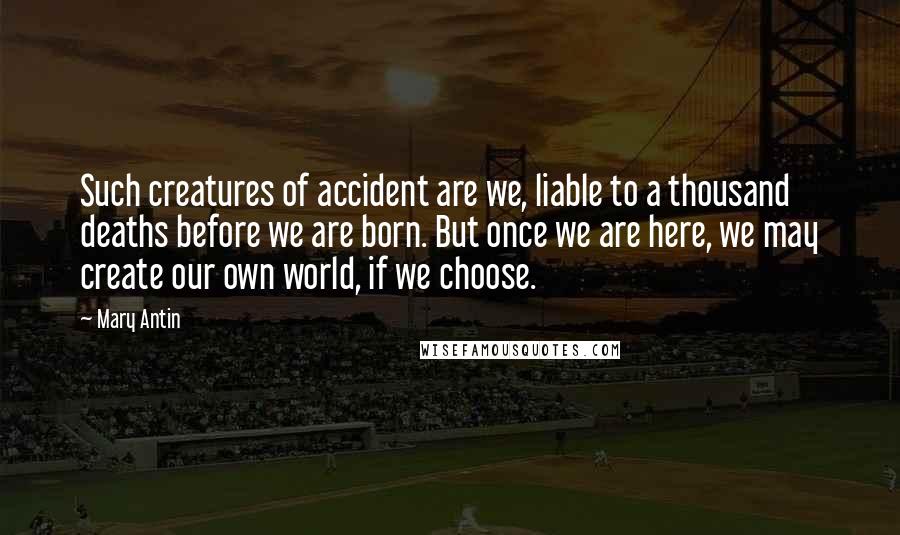 Mary Antin Quotes: Such creatures of accident are we, liable to a thousand deaths before we are born. But once we are here, we may create our own world, if we choose.