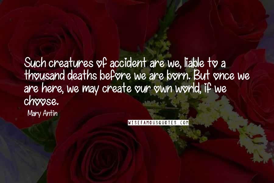 Mary Antin Quotes: Such creatures of accident are we, liable to a thousand deaths before we are born. But once we are here, we may create our own world, if we choose.