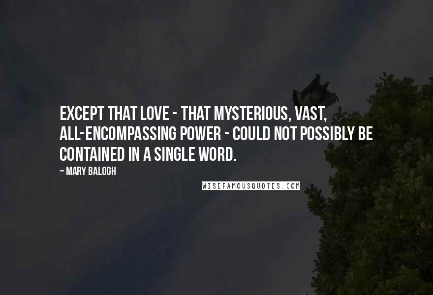 Mary Balogh Quotes: Except that love - that mysterious, vast, all-encompassing power - could not possibly be contained in a single word.