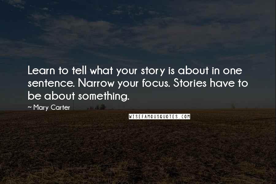 Mary Carter Quotes: Learn to tell what your story is about in one sentence. Narrow your focus. Stories have to be about something.