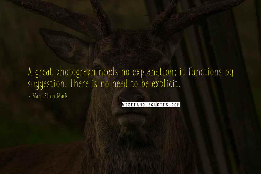 Mary Ellen Mark Quotes: A great photograph needs no explanation; it functions by suggestion. There is no need to be explicit.