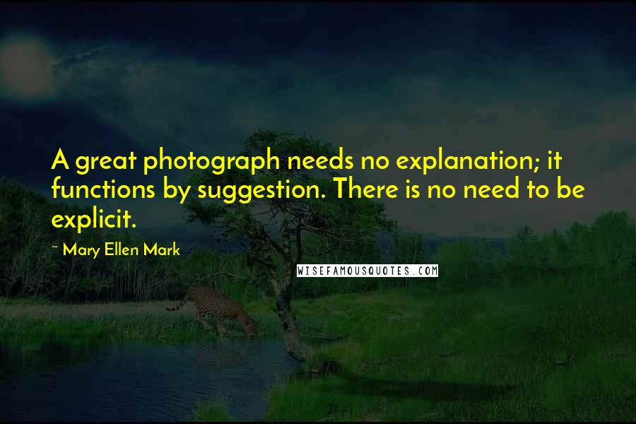 Mary Ellen Mark Quotes: A great photograph needs no explanation; it functions by suggestion. There is no need to be explicit.