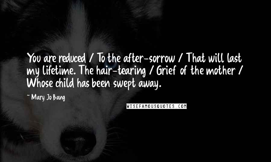 Mary Jo Bang Quotes: You are reduced / To the after-sorrow / That will last my lifetime. The hair-tearing / Grief of the mother / Whose child has been swept away.