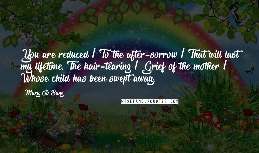 Mary Jo Bang Quotes: You are reduced / To the after-sorrow / That will last my lifetime. The hair-tearing / Grief of the mother / Whose child has been swept away.