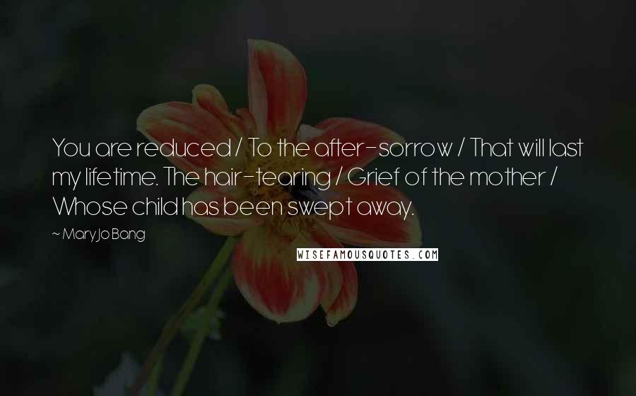 Mary Jo Bang Quotes: You are reduced / To the after-sorrow / That will last my lifetime. The hair-tearing / Grief of the mother / Whose child has been swept away.