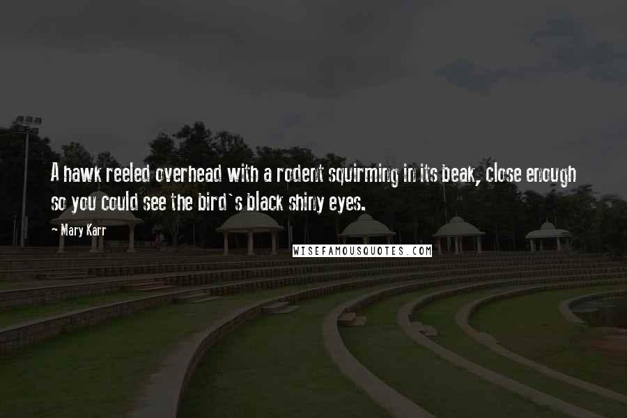 Mary Karr Quotes: A hawk reeled overhead with a rodent squirming in its beak, close enough so you could see the bird's black shiny eyes.