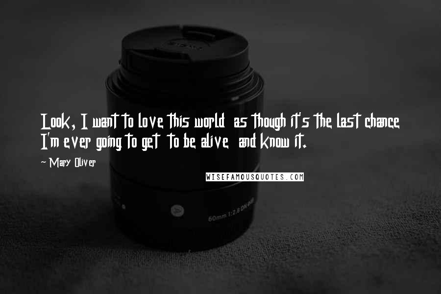 Mary Oliver Quotes: Look, I want to love this world  as though it's the last chance I'm ever going to get  to be alive  and know it.