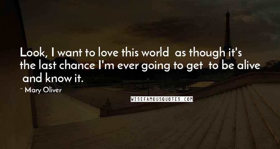 Mary Oliver Quotes: Look, I want to love this world  as though it's the last chance I'm ever going to get  to be alive  and know it.