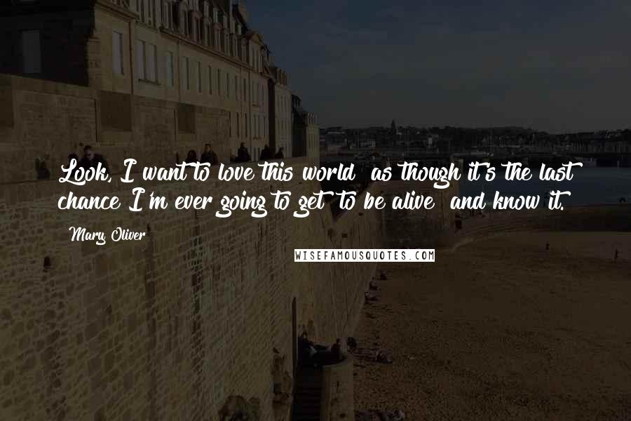 Mary Oliver Quotes: Look, I want to love this world  as though it's the last chance I'm ever going to get  to be alive  and know it.