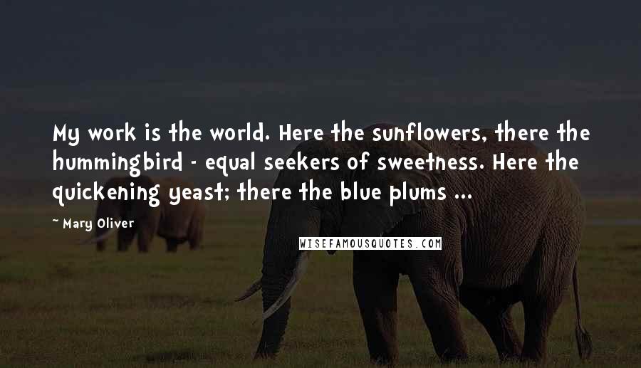 Mary Oliver Quotes: My work is the world. Here the sunflowers, there the hummingbird - equal seekers of sweetness. Here the quickening yeast; there the blue plums ...