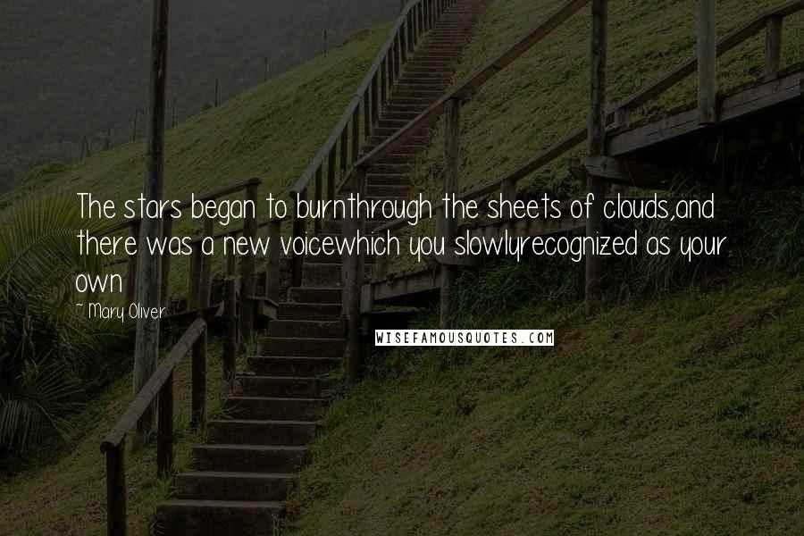 Mary Oliver Quotes: The stars began to burnthrough the sheets of clouds,and there was a new voicewhich you slowlyrecognized as your own