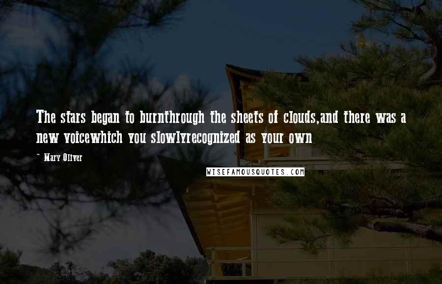 Mary Oliver Quotes: The stars began to burnthrough the sheets of clouds,and there was a new voicewhich you slowlyrecognized as your own
