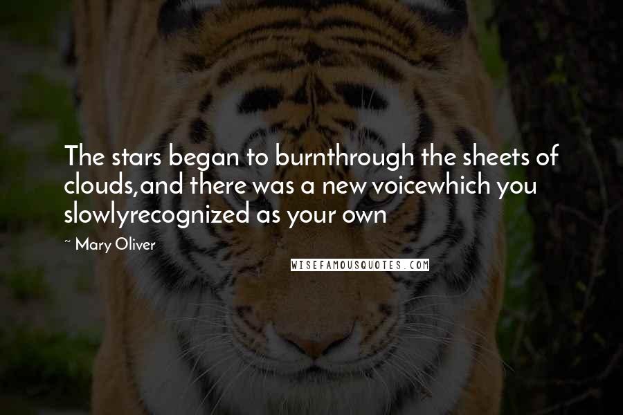 Mary Oliver Quotes: The stars began to burnthrough the sheets of clouds,and there was a new voicewhich you slowlyrecognized as your own