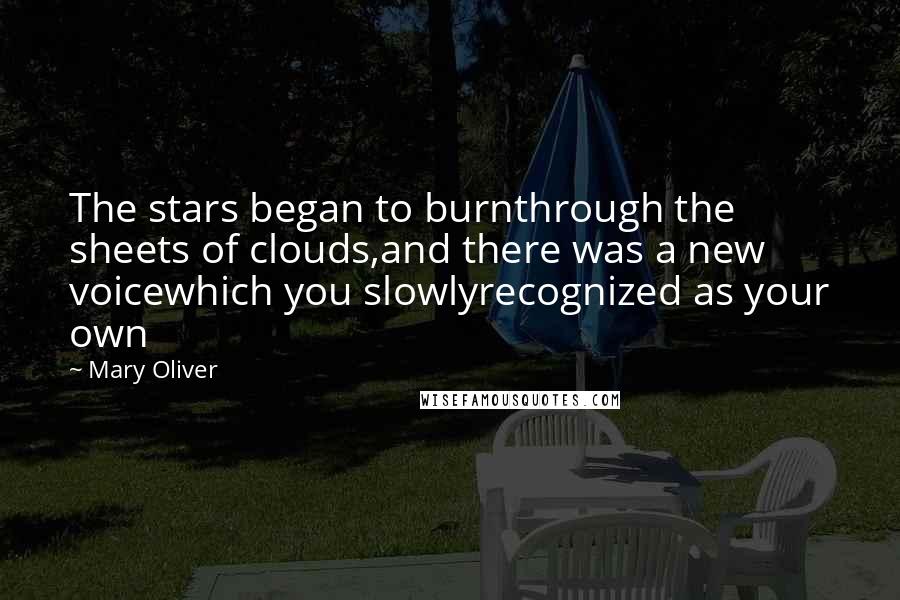 Mary Oliver Quotes: The stars began to burnthrough the sheets of clouds,and there was a new voicewhich you slowlyrecognized as your own
