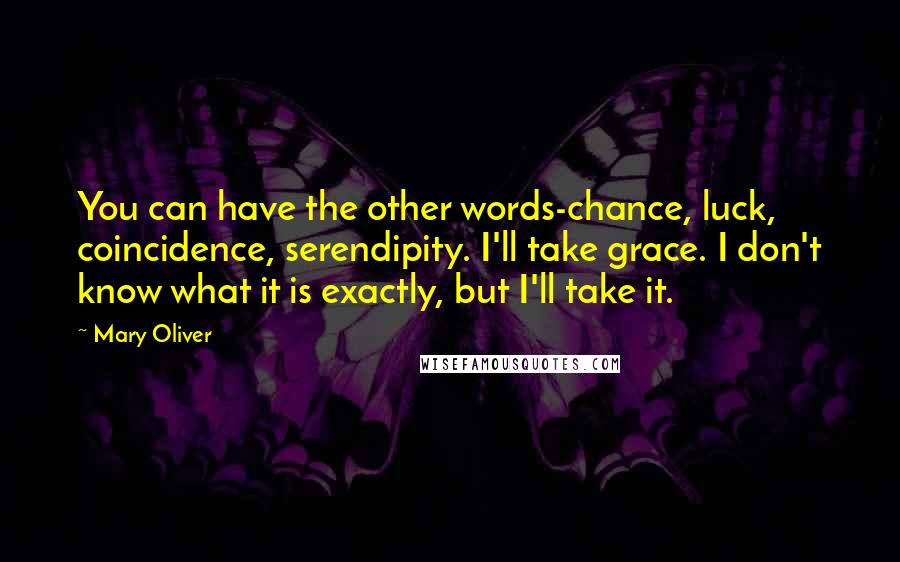Mary Oliver Quotes: You can have the other words-chance, luck, coincidence, serendipity. I'll take grace. I don't know what it is exactly, but I'll take it.