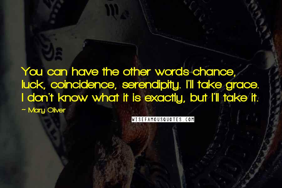 Mary Oliver Quotes: You can have the other words-chance, luck, coincidence, serendipity. I'll take grace. I don't know what it is exactly, but I'll take it.