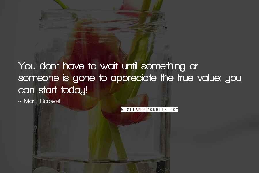 Mary Rodwell Quotes: You don't have to wait until something or someone is gone to appreciate the true value; you can start today!